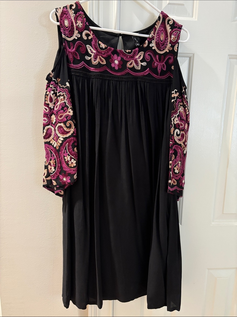 new directions Black Cold-Shoulder Dress with Pink and Cream Floral Embroidery